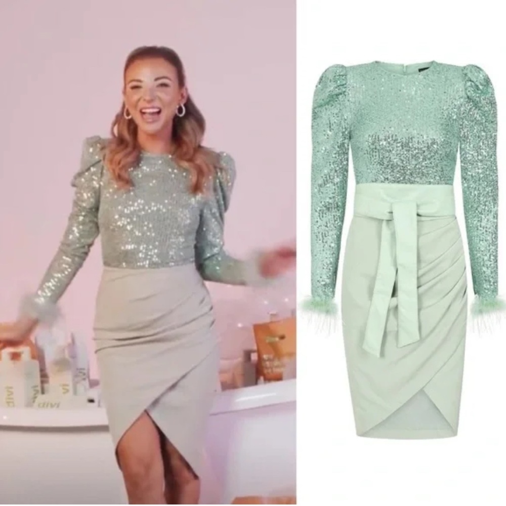 Lavish Alice Sequin Feather Embellished Midi Dress Sage Green